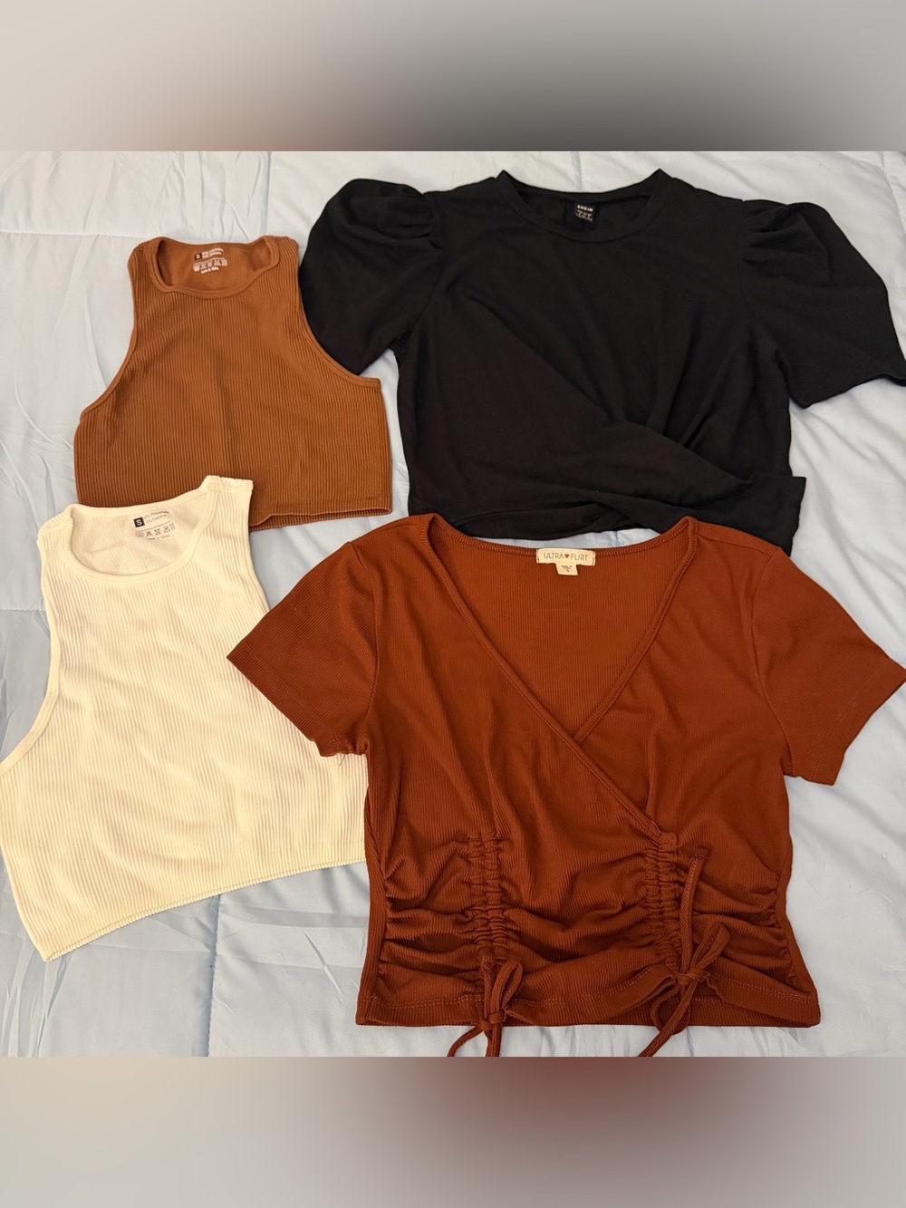 Ultra Flirt Rust Brown Ruched Wrap Crop Top